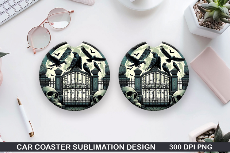 Two black birds Car Coaster Sublimation | Halloween Coaster