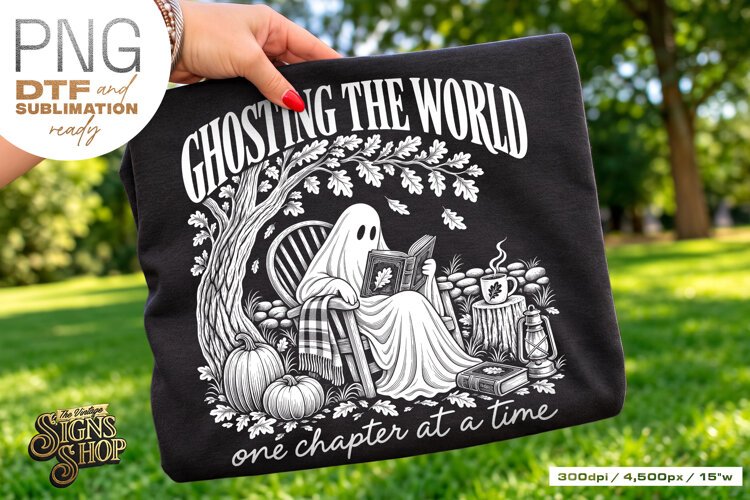 Ghost Reading Book Lover PNG, Retro Fall DTF example image 1