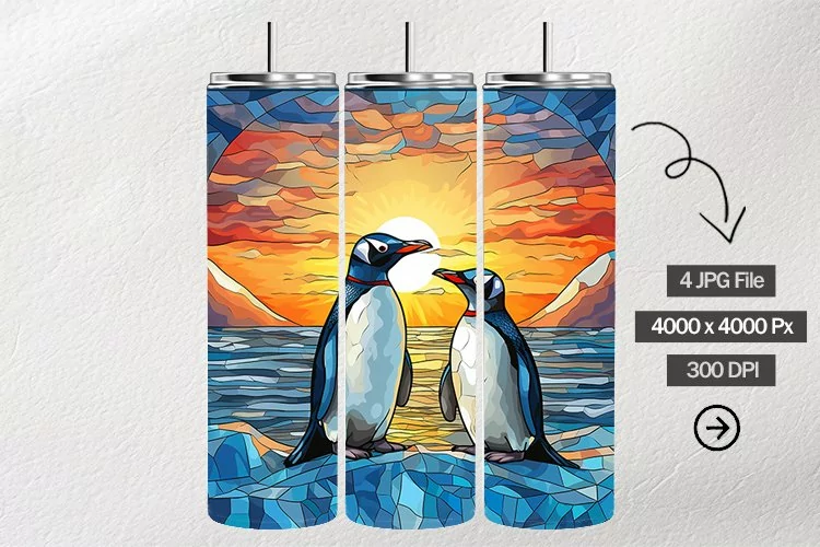 Gentoo Penguins Stained Glass Square Coaster - 04 Variations