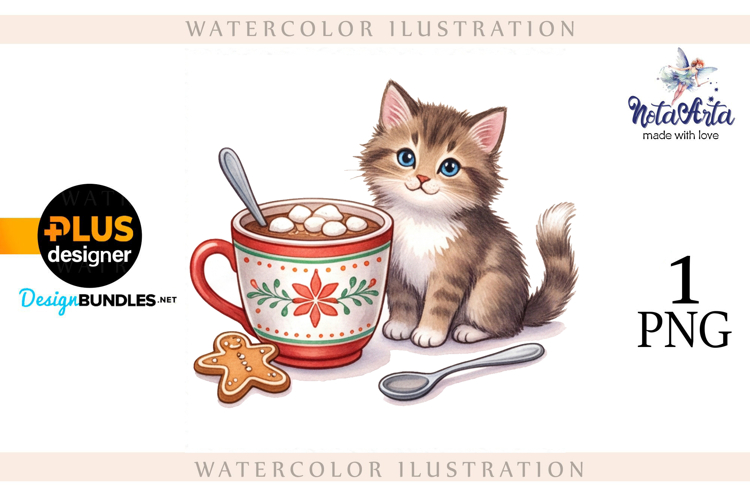 Christmas Kitten in Watercolor Style