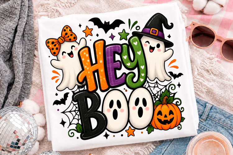 Cute Hey Boo Halloween Ghost Pumpkin Spooky Season T-Shirt D example image 1