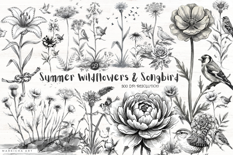 Summer Wildflowers   Songbird Clipart