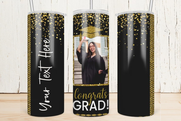 Graduation Skinny Tumbler Wrap | Black and Gold Design example image 1
