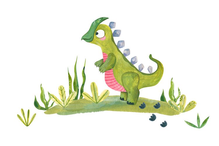 Cute watercolor green dinosaur character walking example image 1