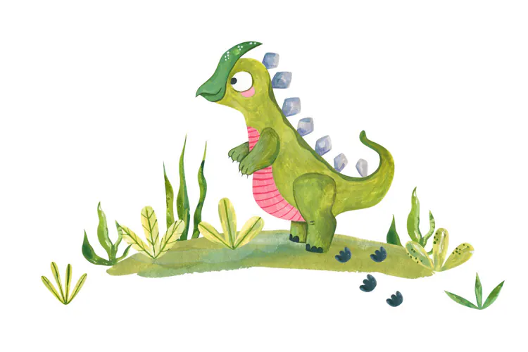 Cute watercolor green dinosaur character walking