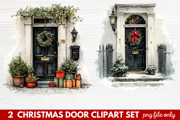 2 Christmas Door Clipart Set | Festive Holiday Front Door