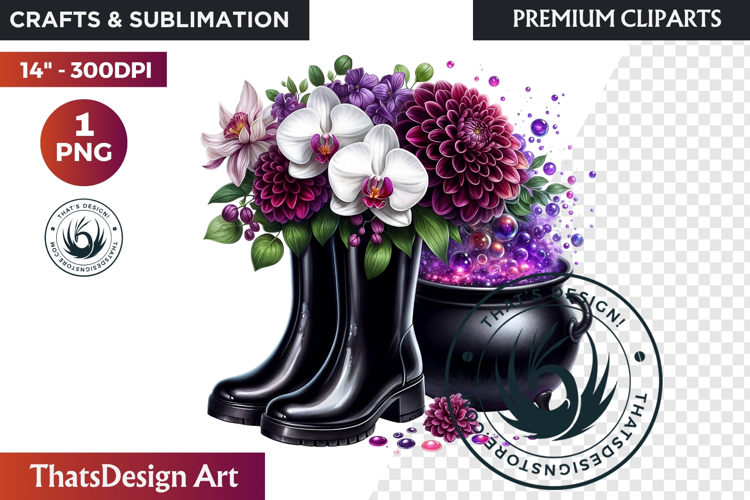 Halloween Floral Rain Boots - Cute Witchy Garden Clipart PNG