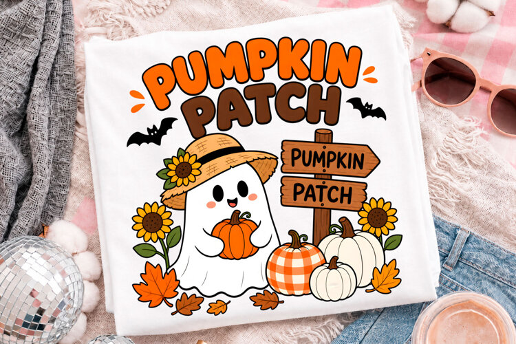 Cute Ghost Pumpkin Patch Halloween T-Shirt Design With Fall example image 1