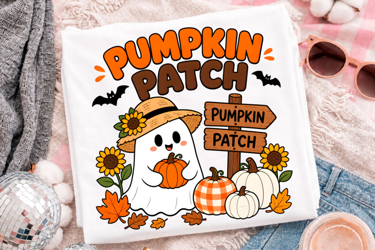 Cute Ghost Pumpkin Patch Halloween T-Shirt Design With Fall