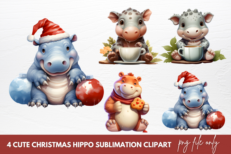 Cute Christmas Hippo Sublimation Clipart