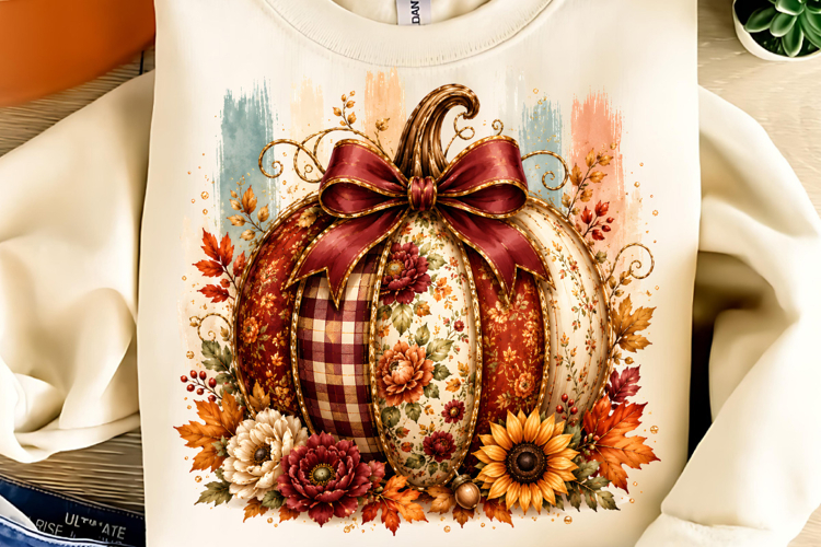 Coquette Patchwork Fall Pumpkin PNG, Autumn Pumpkin PNG