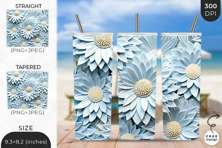 3D Flowers Tumbler Wrap | 3D Floral Sublimation Design