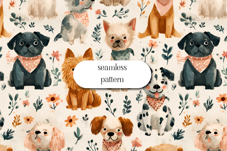 Cute Dogs Seamless Pattern Watercolor Puppy Design