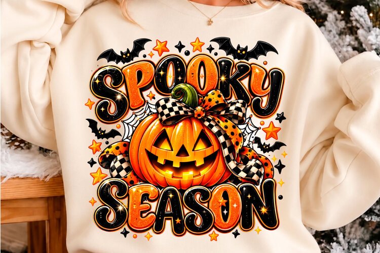 Spooky Season Pumpkin Checkered Bow PNG example image 1
