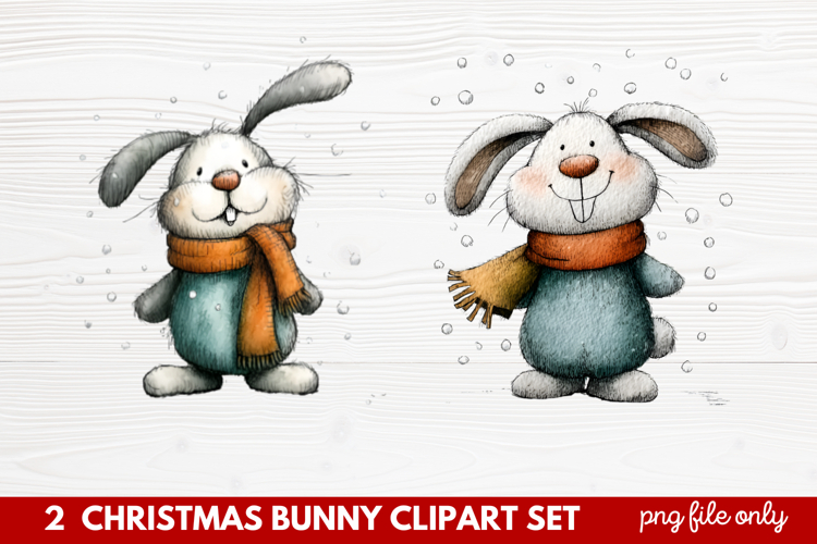 2 Christmas Bunny Clipart Set | Cute Holiday Bunny PNG Illus