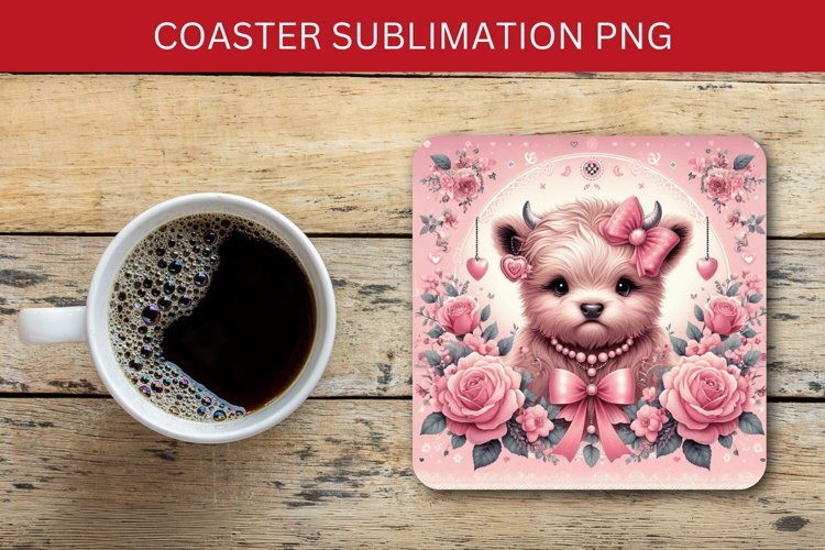 square coaster - pink highland cow