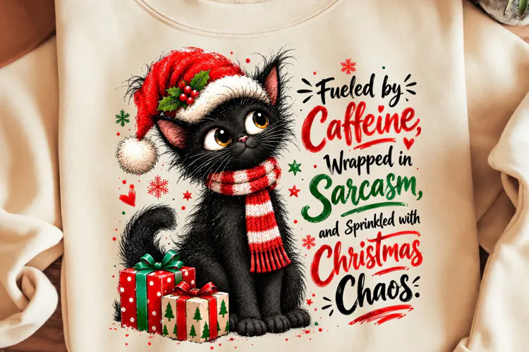 Black Cat Christmas PNG, Sarcastic Coffee PNG, Christmas PNG