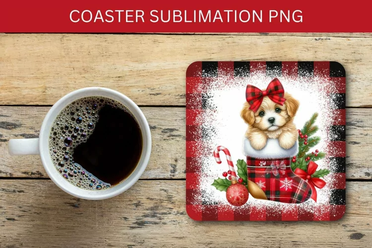 square coaster - dog puppy in the christmas stocking