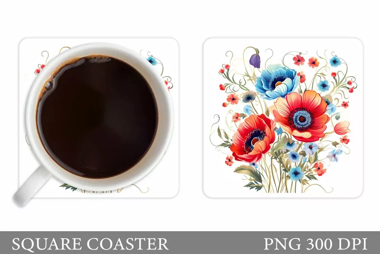 Flowers Square Coaster Sublimation. Flowers Coaster Design