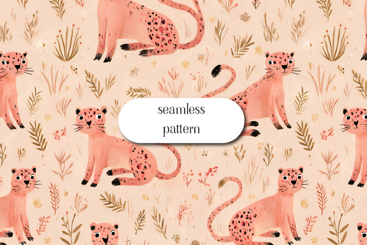 Seamless Cute Leopard Pattern with Botanical Elements