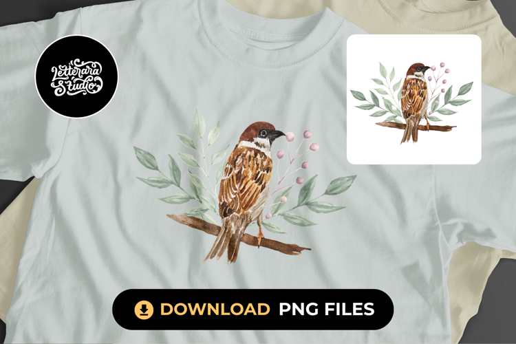 Sparrow Bird and Botanical Watercolor Clipart