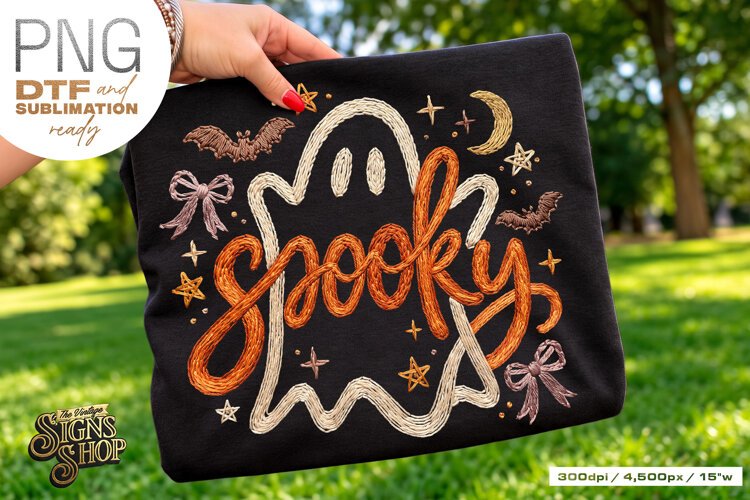 Spooky Ghost PNG DTF Faux Embroidery Girly Halloween Design example image 1