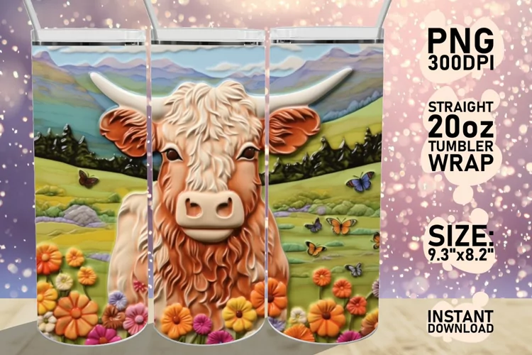 3D Highlands Cow Tumbler Wrap Sublimation 20oz PNG, Summer