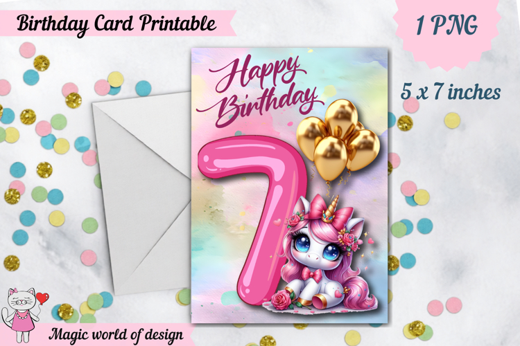 Unicorn 7th Happy Birthday Card, Printable png