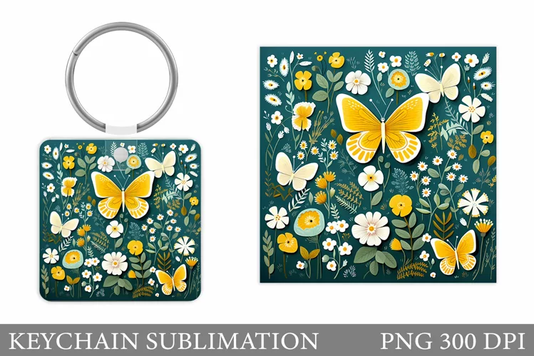 Butterfly Keychain Sublimation. Flowers Keychain Design