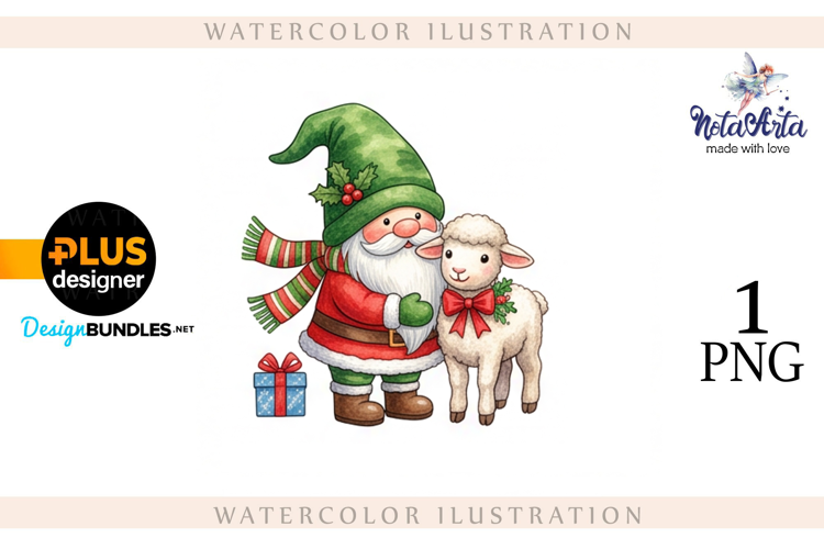 Christmas Gnome Santa with a Sheep in Watercolor Style