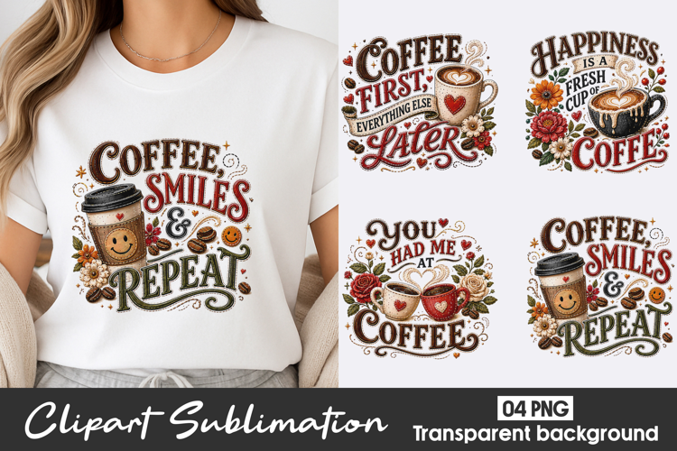 Coffee Smile Repeat Vintage Clipart Sublimation PNG