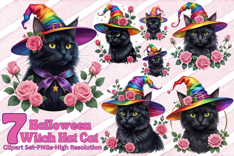 Halloween Black Cat with Rainbow Witch Hat | Pride Halloween