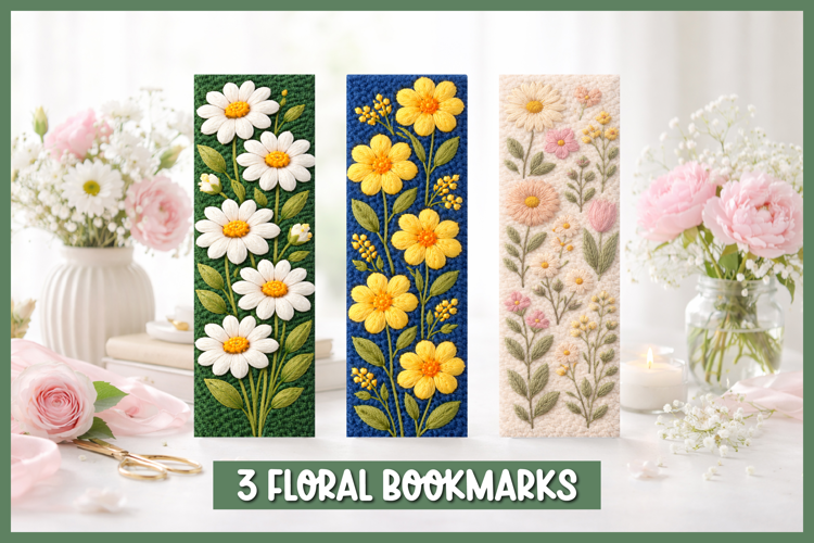 Floral punch needle bookmarks with embroidered flowers
