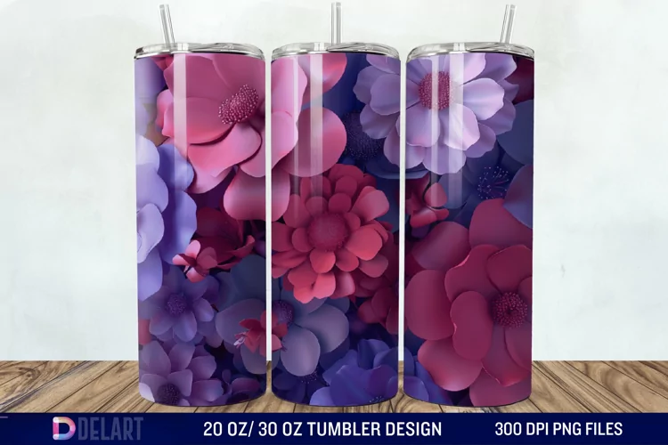 3D Fuchsia and Violet Flowers Tumbler Wrap