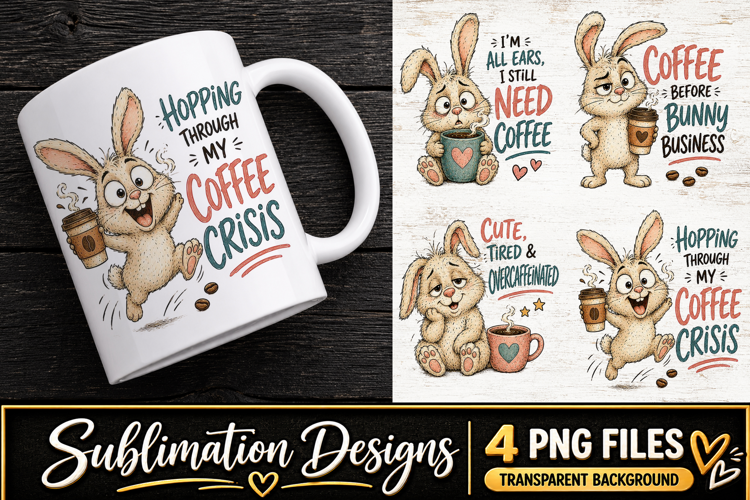 Cute Bunny Coffee Clipart Sublimation PNG