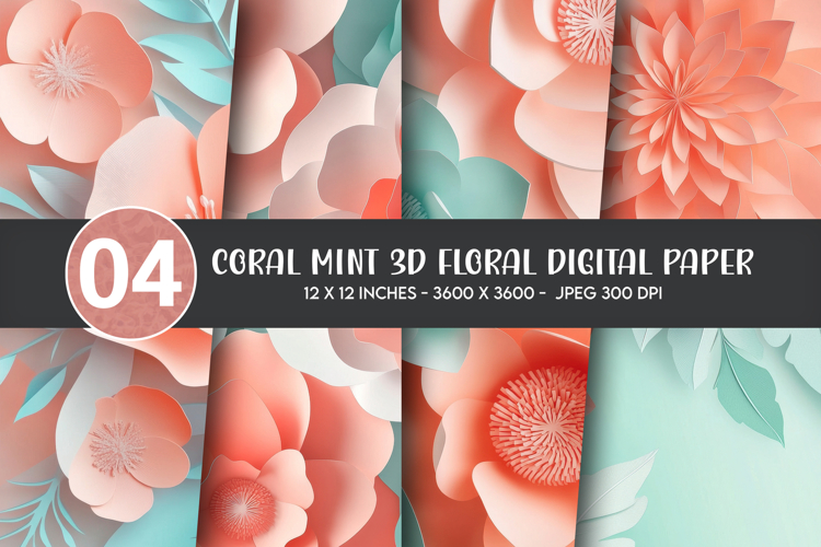 Coral Mint 3D Floral Digital Paper