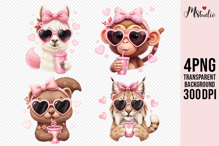 Valentine Pink Animals with Heart Sunglasses PNG