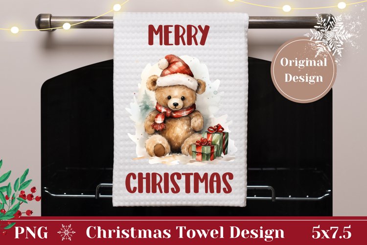 Merry Christmas Kitchen Towel, Watercolor Bear Dish Towel