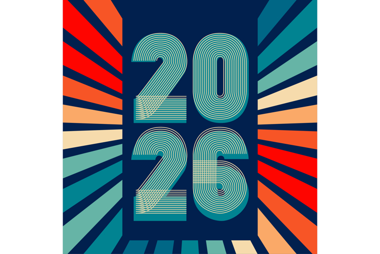 Retro cover background with 2026 numbers in colorful rays
