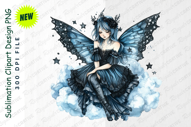 Dreamy Watercolor Fairy With Butterfly Wings Sitting PNG