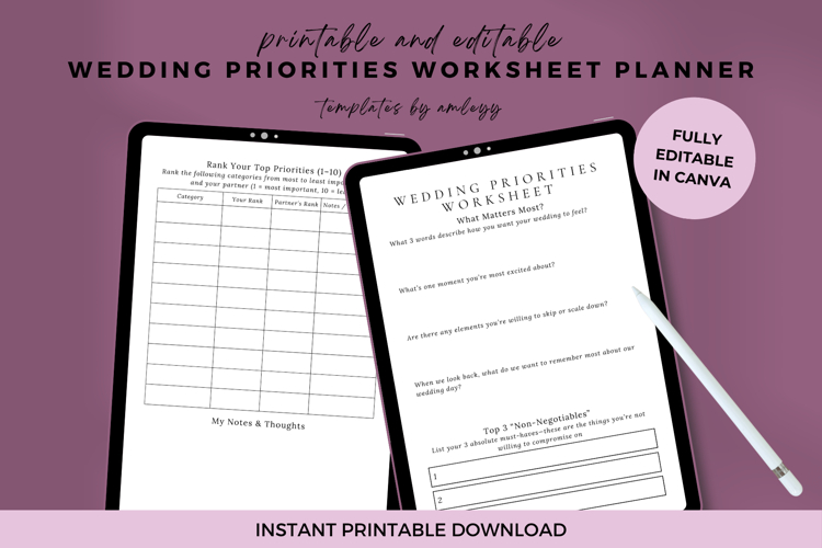 Wedding Priorities Worksheet | Editable Canva Planner Templa