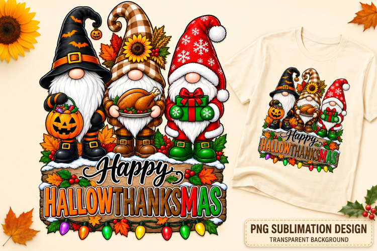 Happy Hallowthanksmas Holiday Gnomes PNG, Candy Turkey Gift