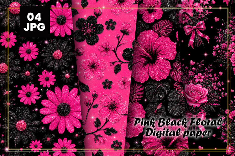 Pink Black Floral Digital Paper