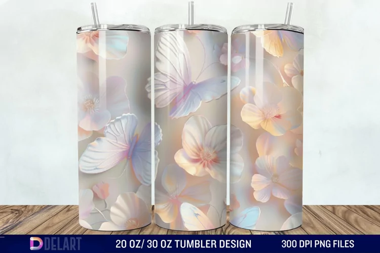 3d Pastel Butterflies & Flowers Tumbler Wrap