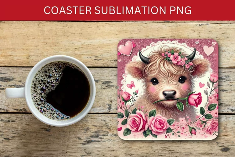 valentine square coaster - highland cow roses