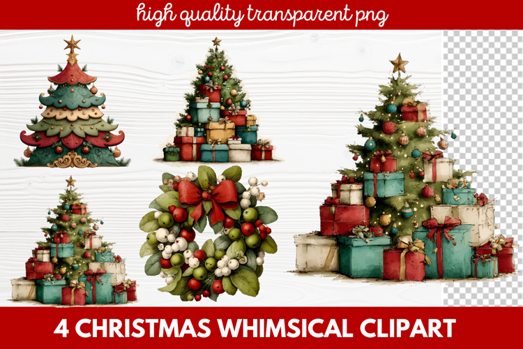 4 Whimsical Christmas Clipart featuring cute holiday charact