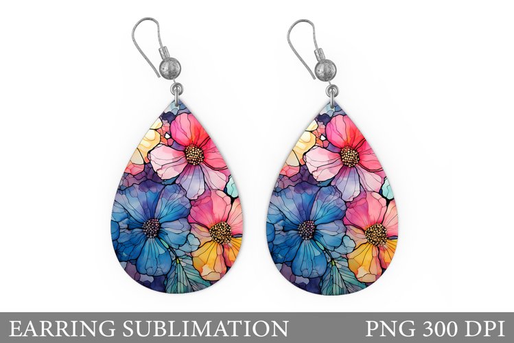 Flowers Earring Sublimation. Teardrop Earring Flowers Design example image 1