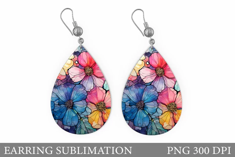 Flowers Earring Sublimation. Teardrop Earring Flowers Design