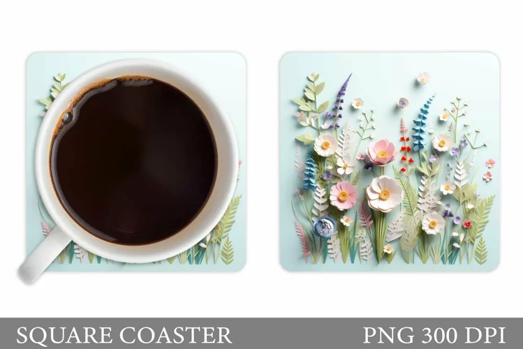 3D Wildflowers Coaster Design. Flowers Square Coaster