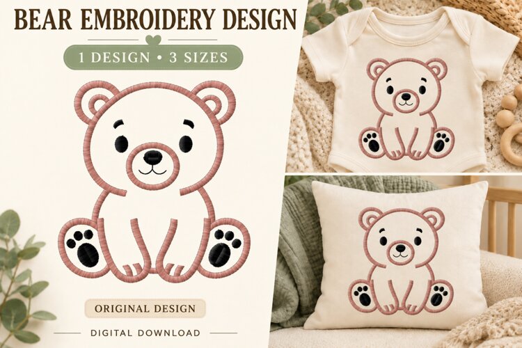Cute Teddy Bear Embroidery Design example image 1